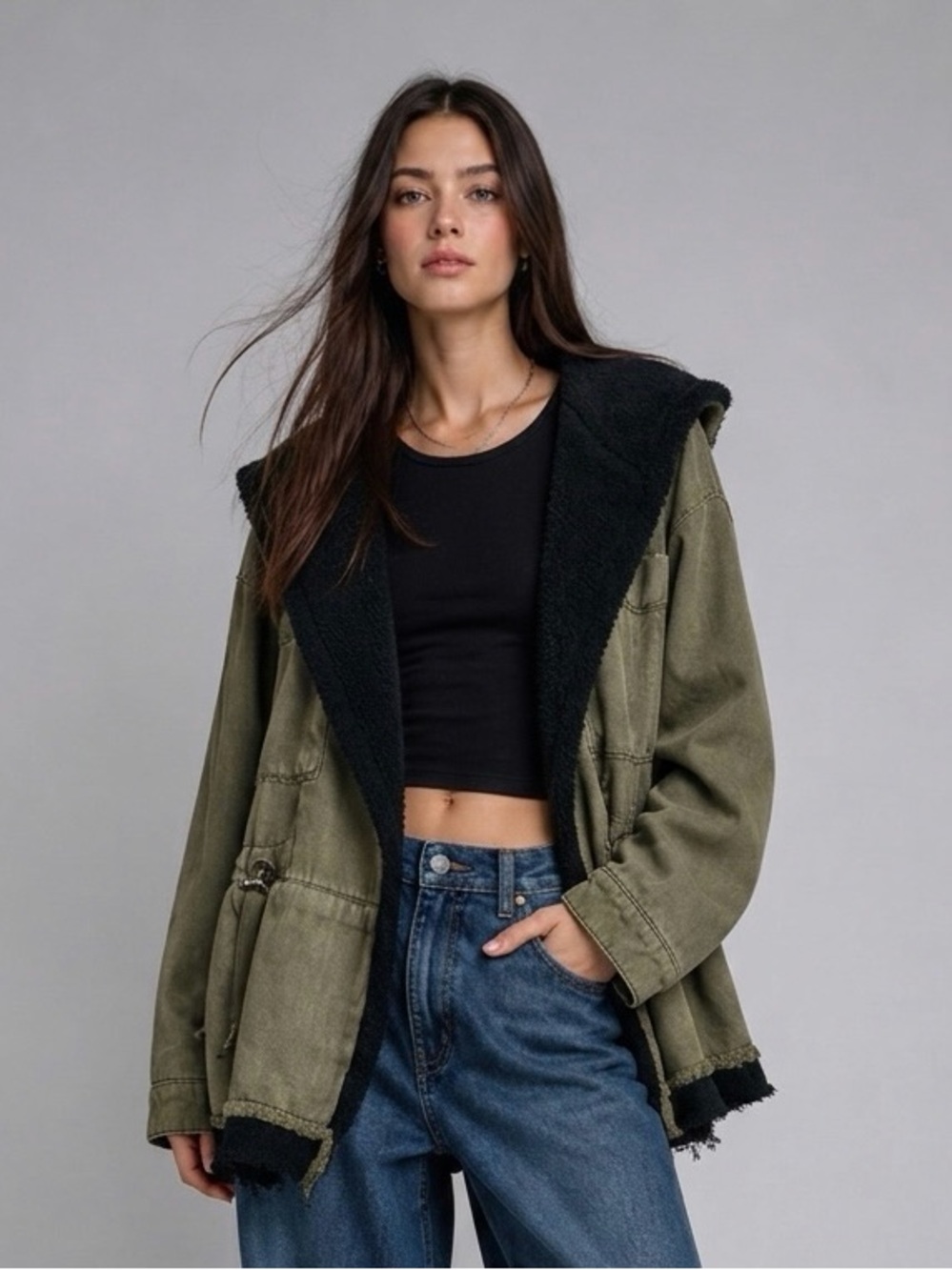 Free People Military Utility Jacket Green Hooded Drawstring XS
